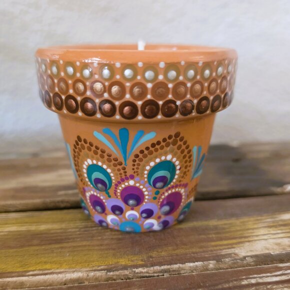 Mandala Colorfully Designed Hand Painted Terra Cotta Candle in Lavender Scent - Picture 2 of 5
